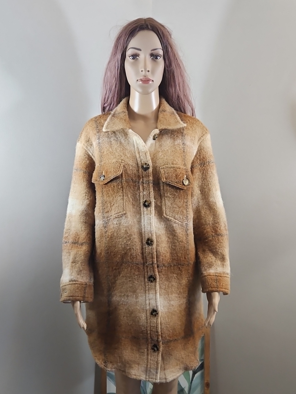 Aritzia Wilfred GANNA Wool Long Coat Jacket Chunky Knit Teddy Plaid Button Down
